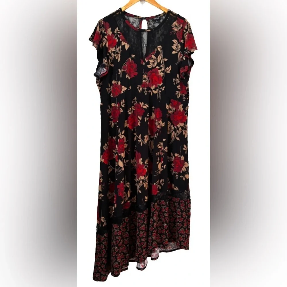 torrid Whimsigoth blk lace & studio knit floral fluttr slv assym midi drss SZ 3 - Picture 4 of 10